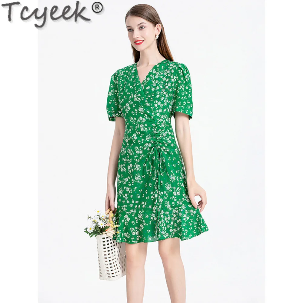 

100% Tcyeek Mulberry Silk Mini Women Clothing Elegant and Pretty Women's es Fashion Summer es 2024 Beach Dress