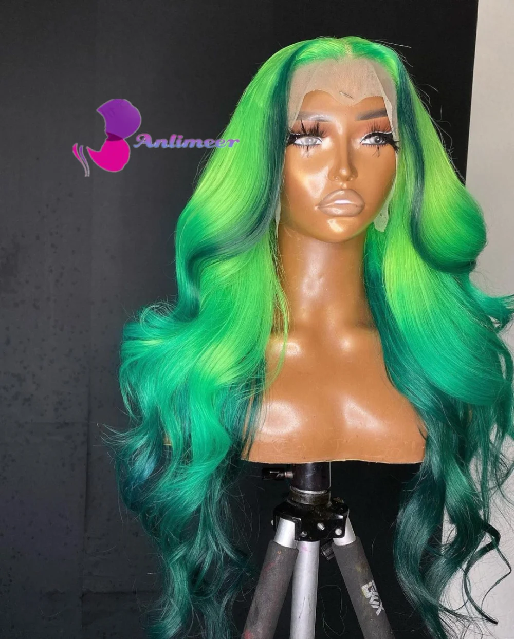 Ombre Neon perucas verdes para mulheres, onda solta, frente de renda, cabelo humano, verde escuro, balayage perucas, branco