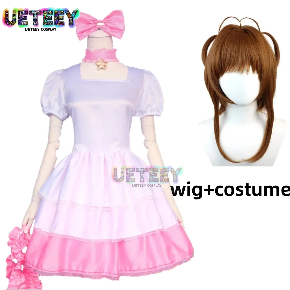 

UETEEY аниме Cardcaptor Sakura Card Captor Kinomoto Sakura Косплей Костюм Парик Розовое Белое Платье Лолита Женщина Kawaii День Рождения