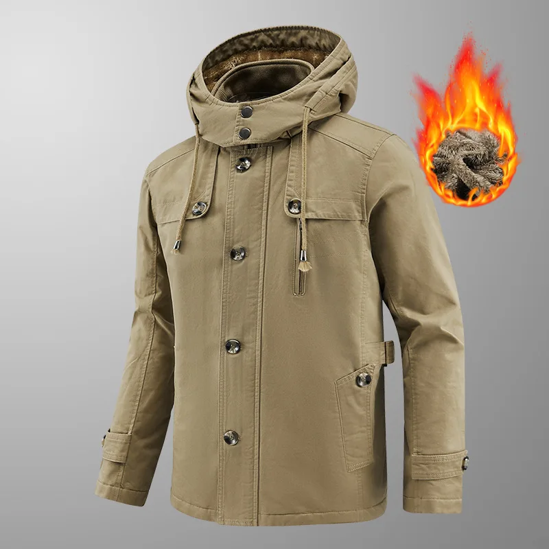 

Men's Fleece Cotton Jacket Autumn Winter Pure Cotton Washed Hooded Mid-Length Coat for Men