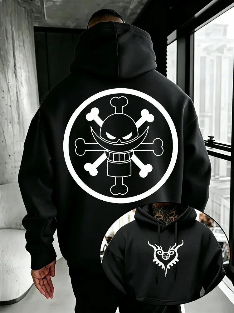 One Piece Whitebeard Pirates Skull Logo Graphic Hoodie，Unisex，Drawstring Hooded Sweatshirt Front Back Anime Print Oversized