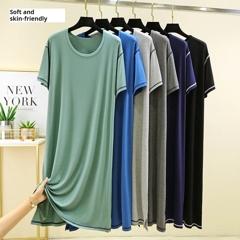 Men's Sleep Dress Plus Size Loose Summer Short Sleeve Mid-length Modal Ice Silk Home Robe