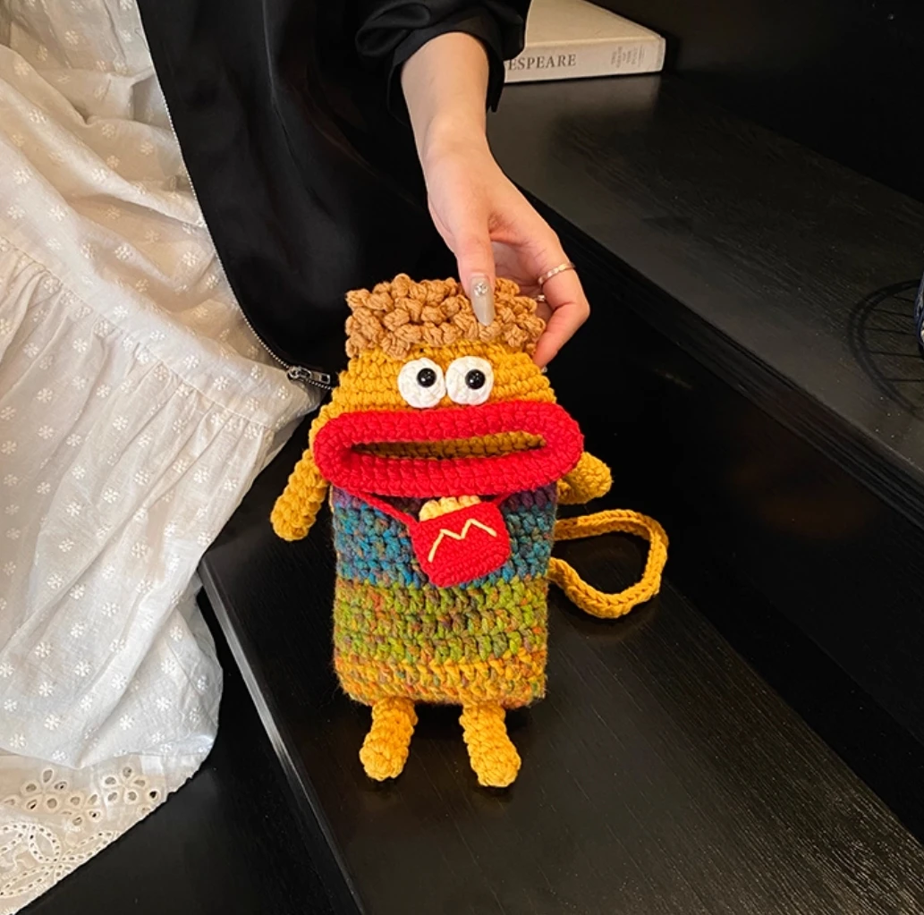 

Wool crocheted sausage mouth mobile phone bag finished hand knitted ugly cute cross body bag women's bag children's coin purse