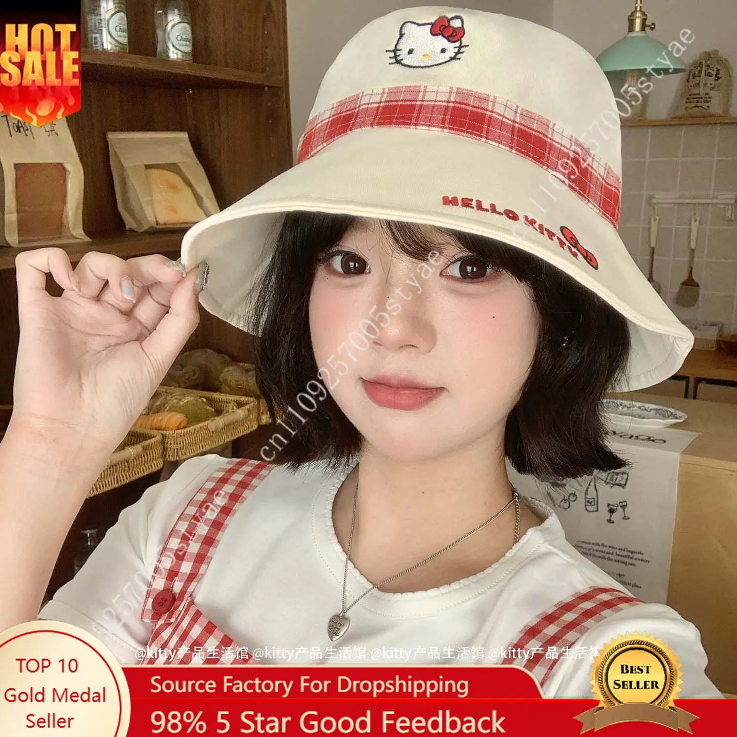 

Sanrio's New Hello Kitty Bucket Hat Features A Wide Brim for Sun Protection A Flattering Design and Small Checkered Embroidery