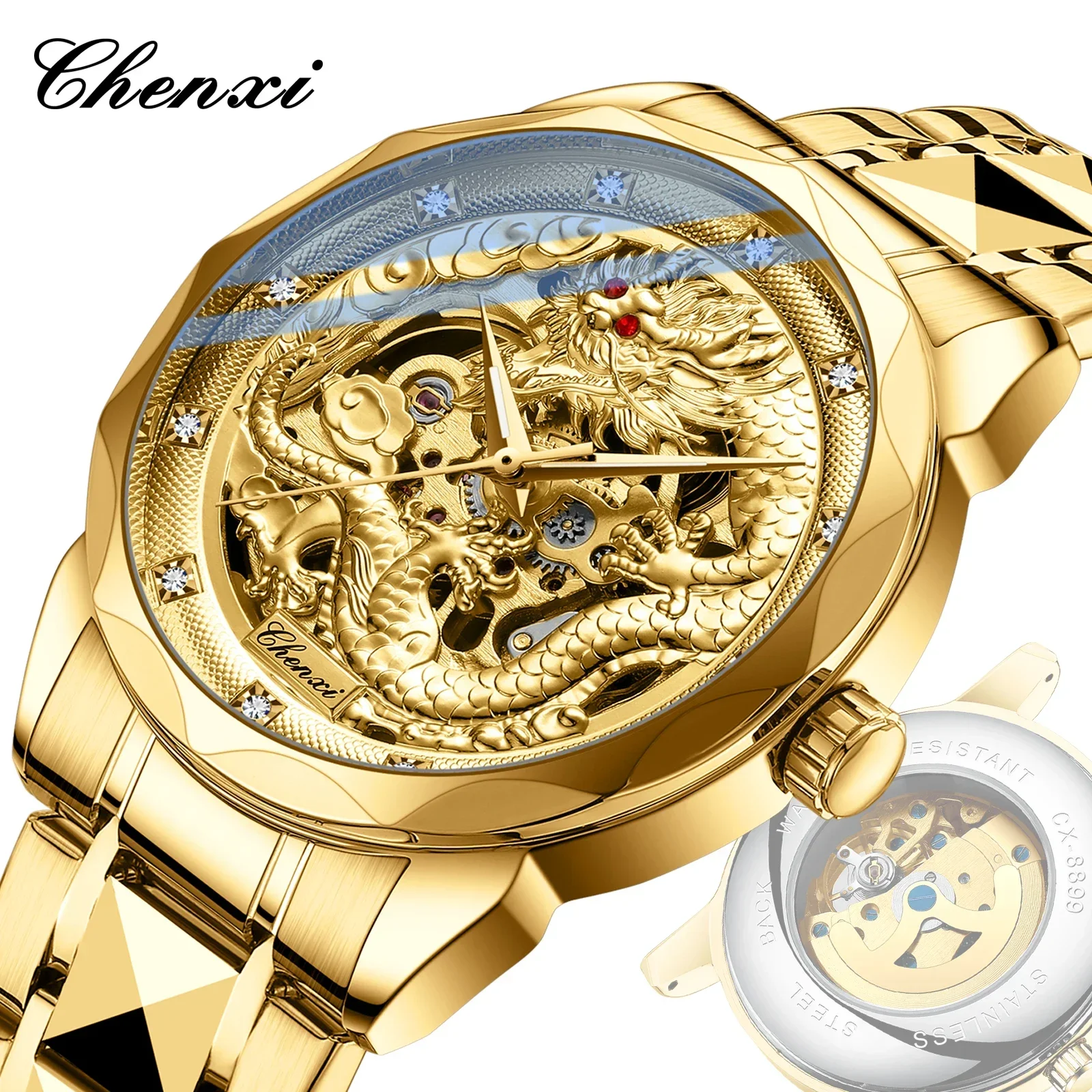 Chenxi 8899 Chinese Nation Cultuur En Kunst 3d Reliëf Dragon Patroon Goud Automatisch Mechanisch Roestvrij Staal Horloge Voor Mannen