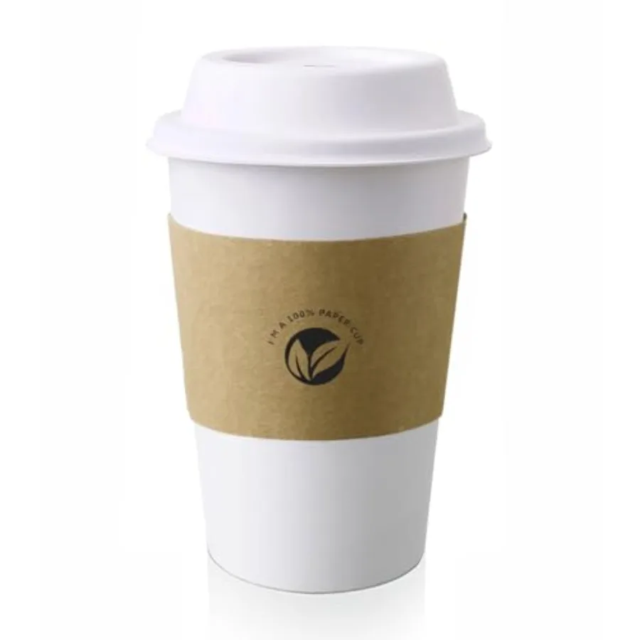 

[50 pack] 16 oz Compostable Coffee Cups with Lids and Kraft Sleeves, Eco Friendly Disposable White Paper Cups Combo for Hot Bev