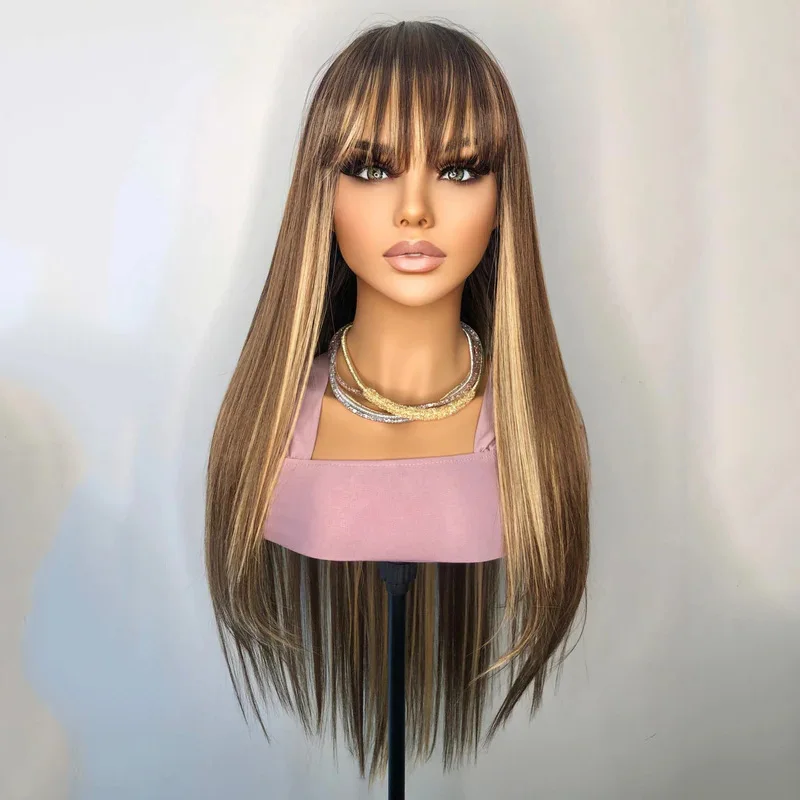 

Soft Ombre Blond 26 Inch Long Straight Machine Wig With Bangs For Black Women High Temperature Fiber Cosplay Glueless Daily