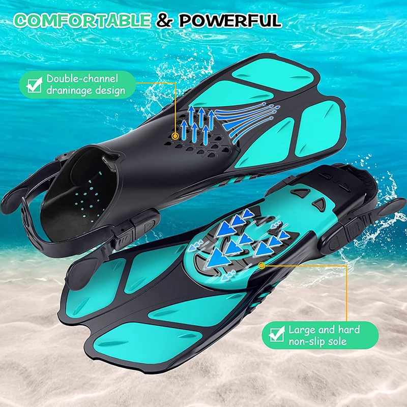 

Snorkel Fins Adjustable Buckles Swimming Flippers Short Silicone Scuba Diving Shoes Open Heel Travel Size Adult Men Womens