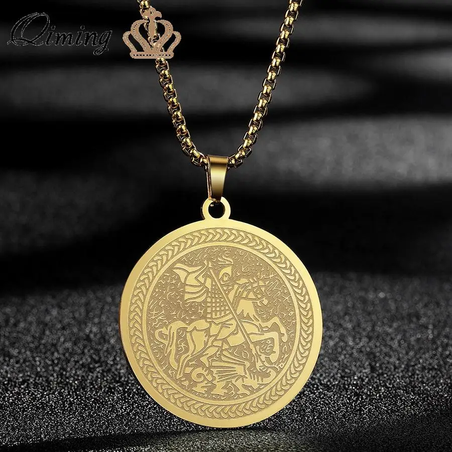 QIMING Dainty Saint George Pendant Necklace For Men Stainless Steel Warrior St. George's Dragon Medallion Mythology Necklace