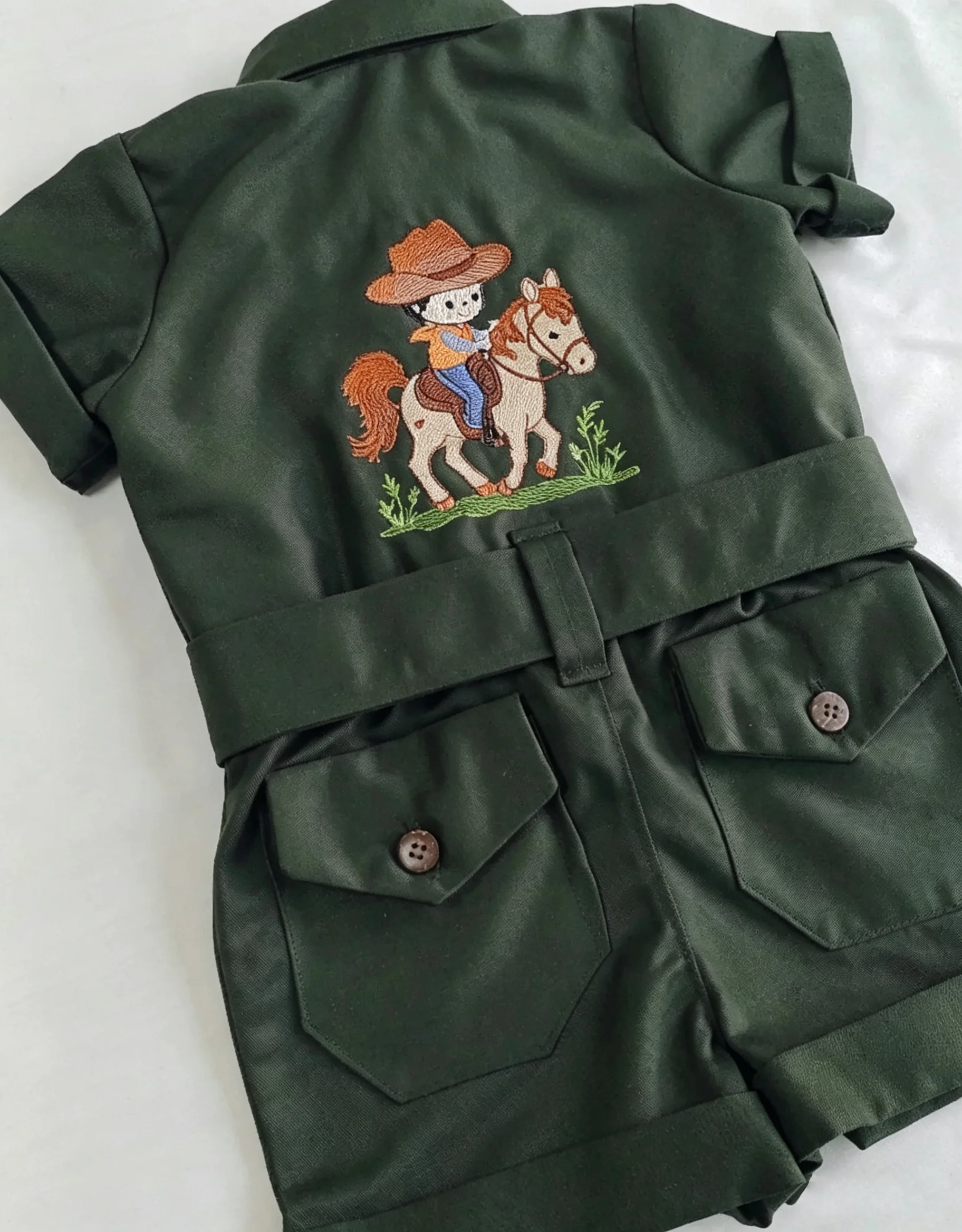 Summer Baby Boy Dark Green Cartoon Horse Embroidery Belted Cargo Overalls Romper for Birthday Photography B660