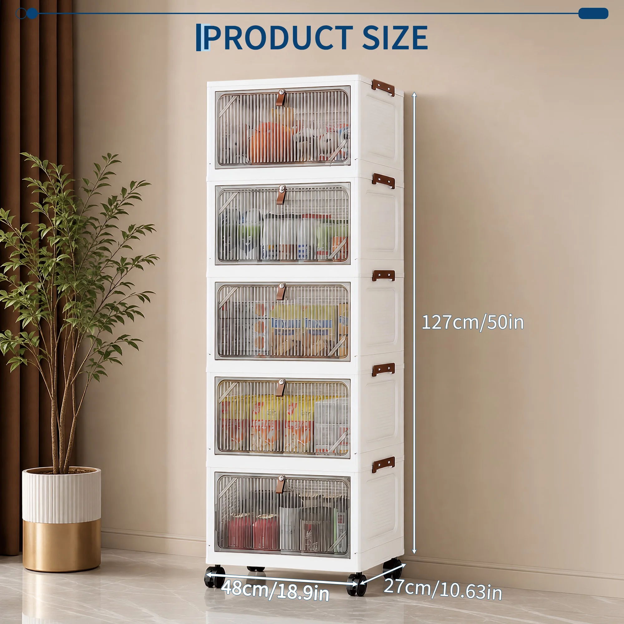 5-Tier Foldable Stackable Storage Bins With Wheels & Flip-Down Doors, Large Capacity PP Plastic Storage For Home RV Camping