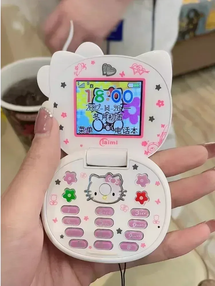 New Kawaii Sanrio Hello Kitty Flip Phone Cartoon Cute Children White Pink Mini Phone Children Christmas Gifts Fashion Model Toys