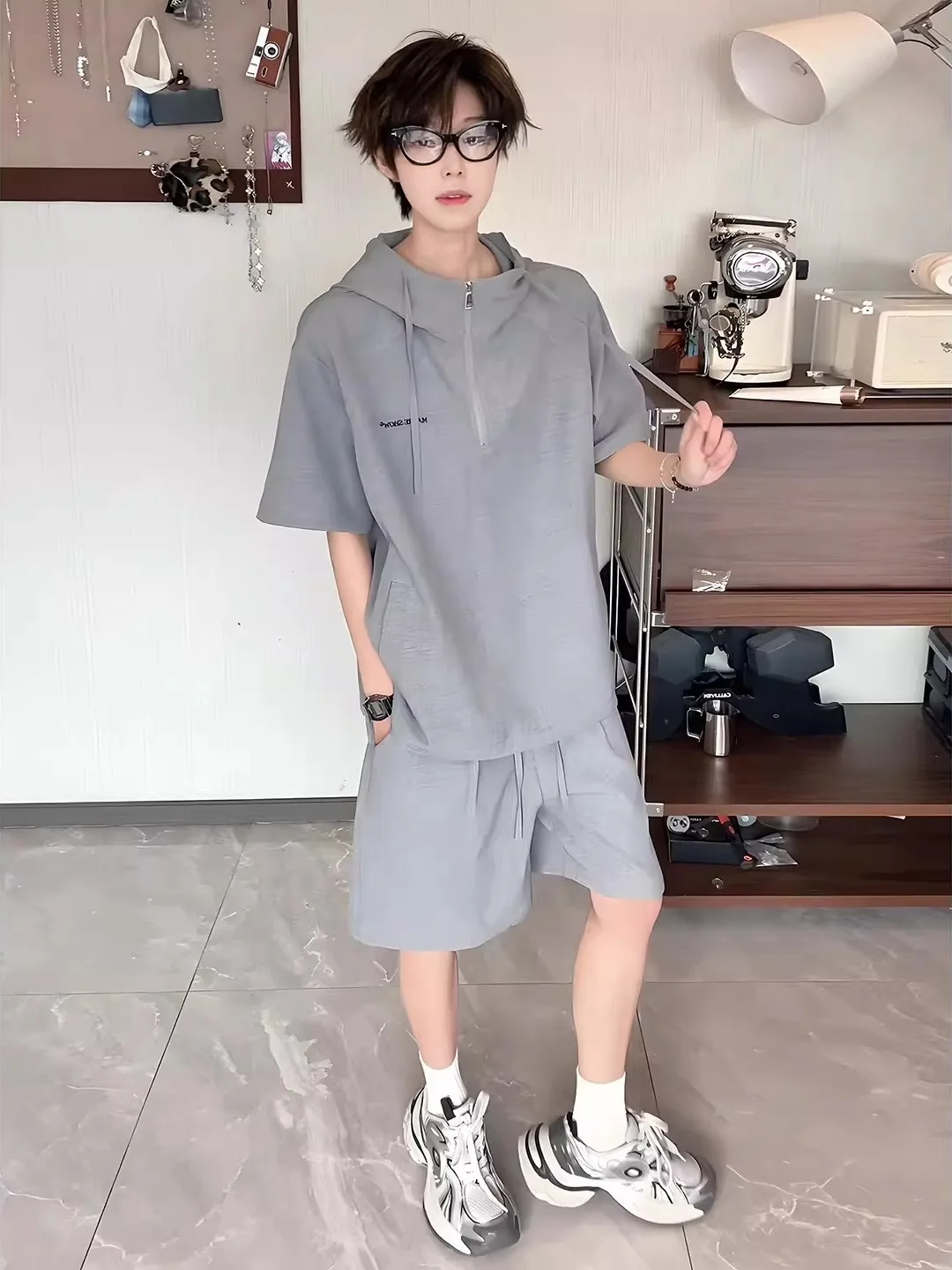American Style Linen Simulation Sports Suit for Teenage Boys Cool Handsome Quick Dry Lightweight Breathable Summer Short Slee...