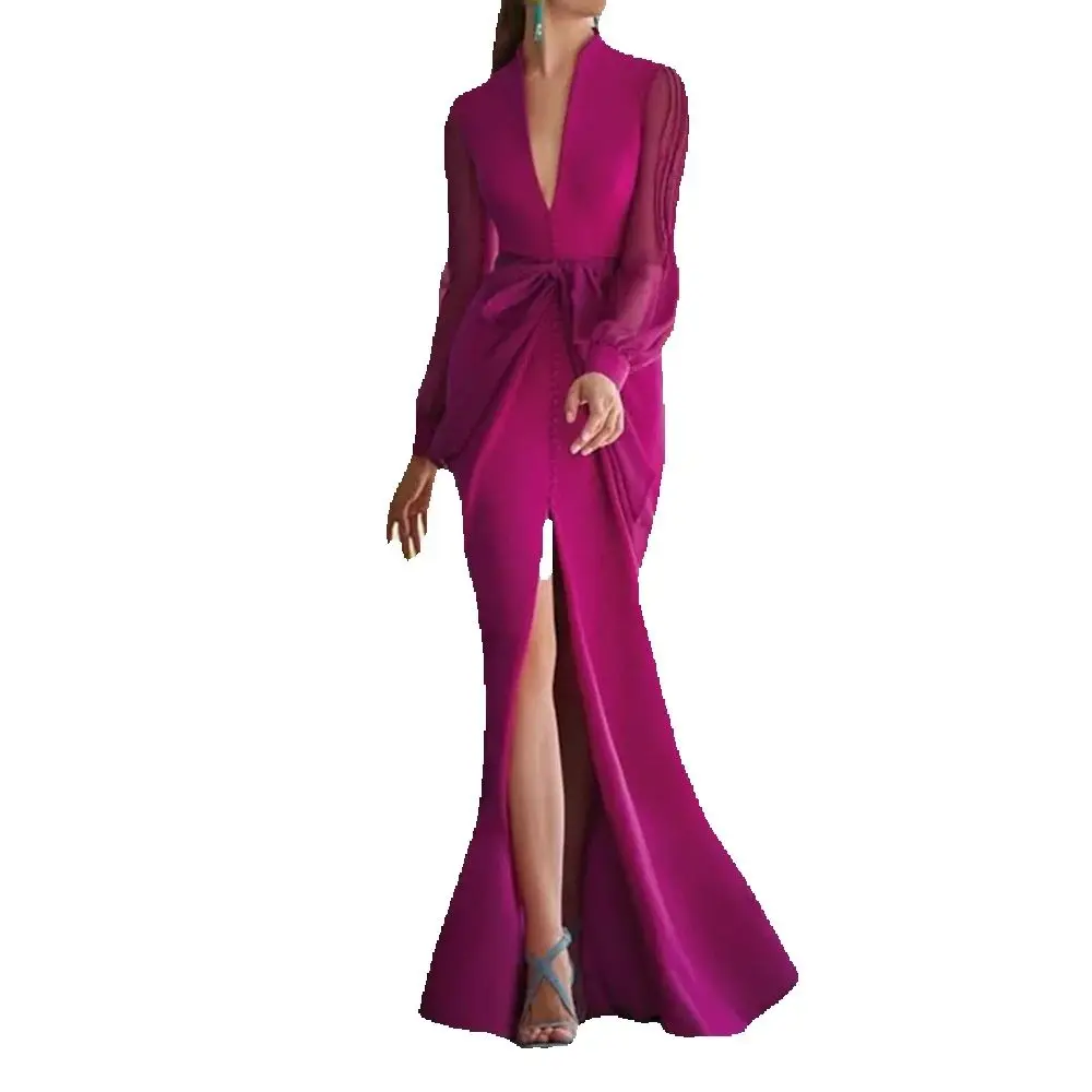 Elegant Mother of the Bride Dresses V-Neck Full Sleeves Trumpet Slim Fit Side Split High Quality Smart Women Evening Party Gowns