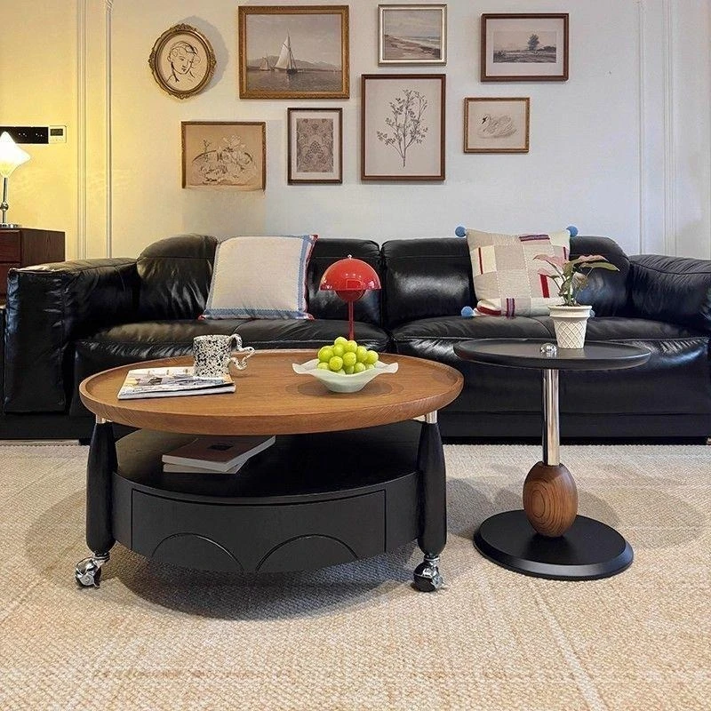 Medieval style living room coffee table combination French round home retro solid wood light luxury advanced small apartment