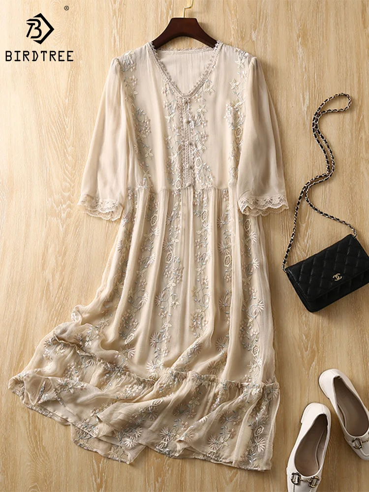 

Birdtree 18Mm 100%Mulberry Silk Embroidered Dresses Heavyweight High End French Long Dress Summer Loose Dress for Woman D38147QM