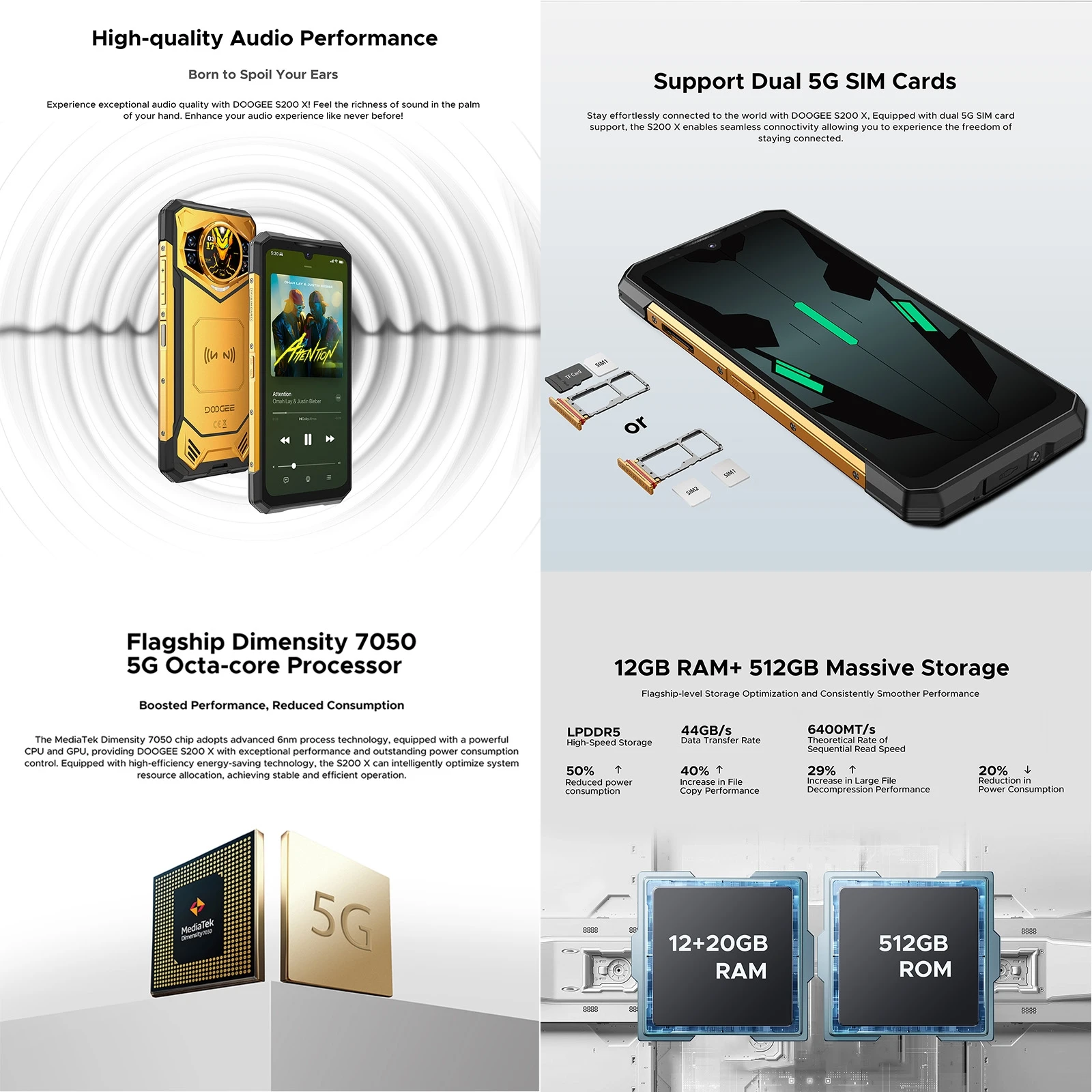 DOOGEE S200X هاتف متين 12GB + 512GB 6.72 بوصة أندرويد 14 الأبعاد 7050 10100mAh 33W 5G NFC الهاتف الذكي