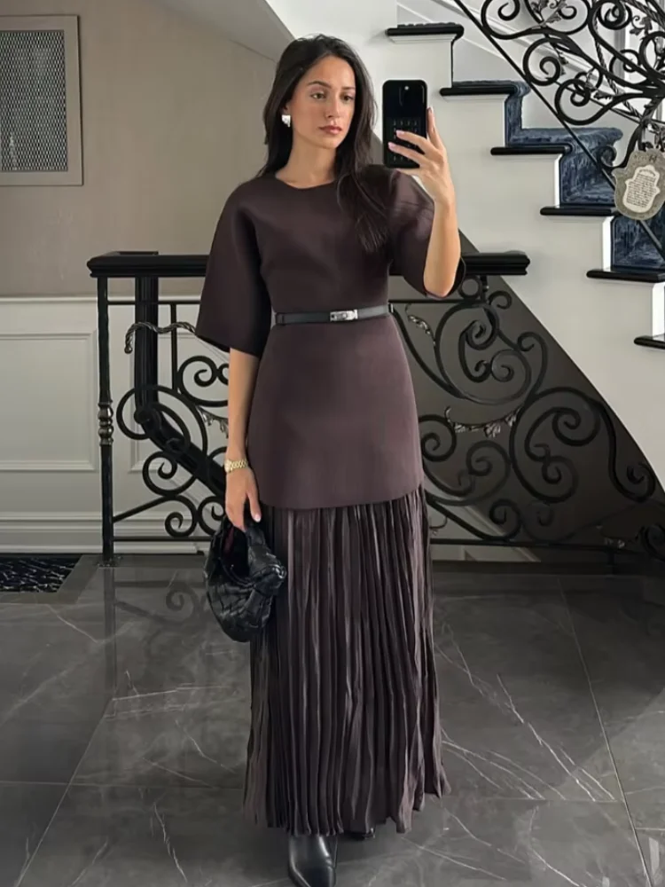 2025 Chic Splicing Brown Half Sleeve Maxi Dress Women's Casual Pleated A-line Slim Vestidos Female Office Commute Street Robes