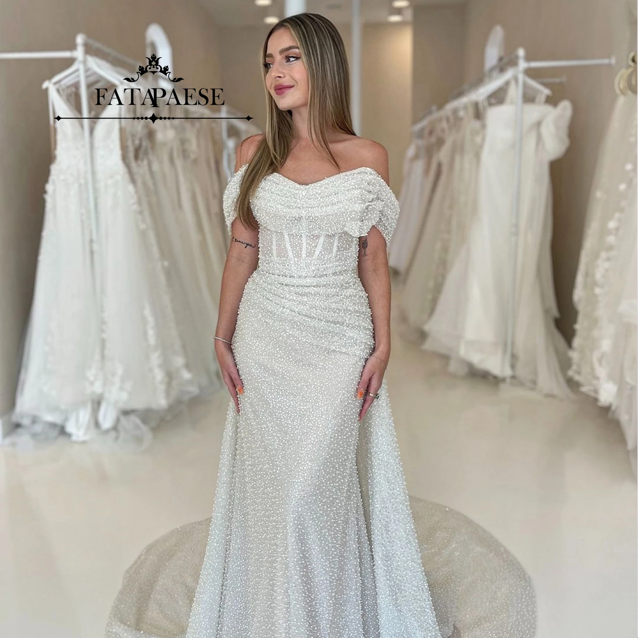 FATAPAESE Fully Beadings Sequnis  Wedding Dress Off-sholder Finshbones Bodice with Paddings Mermiad with Train Bridal Clothes