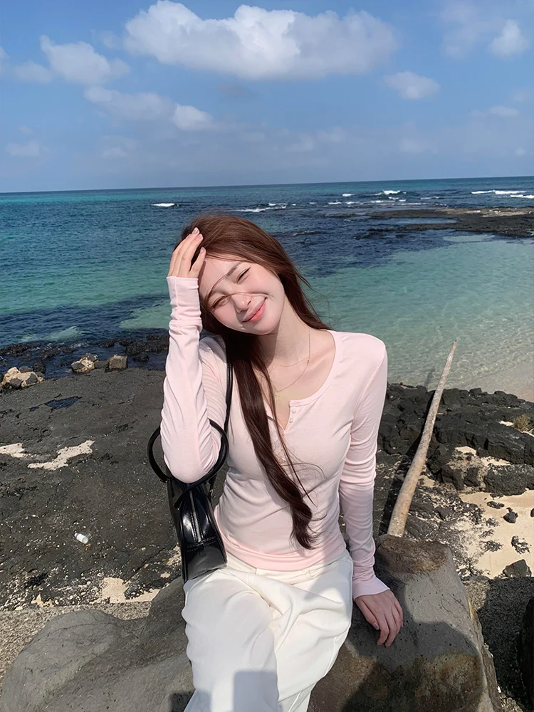 Slim Fit largo Sve Henry Collar Base irt ropa interior camiseta para mujeres coreano Sle Pure Desire otoño Top BM tendencia