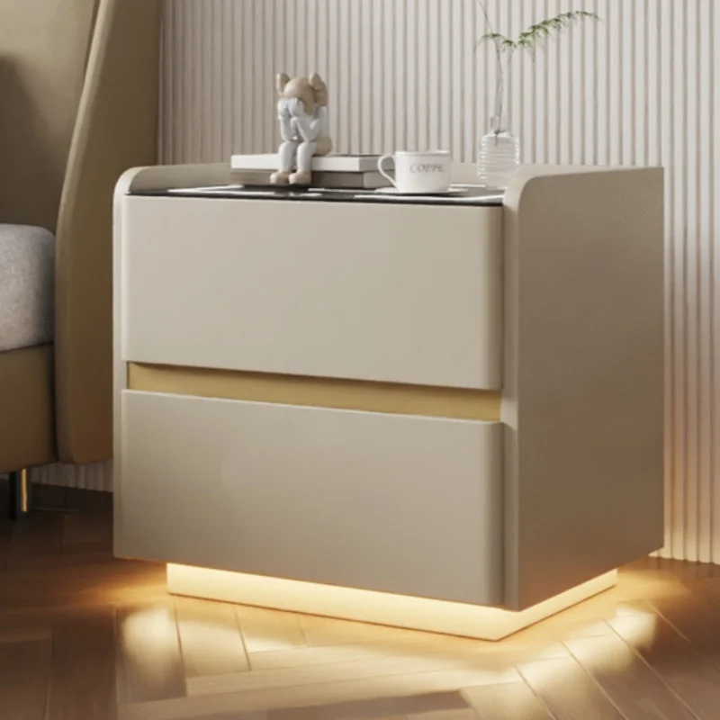 Solid Wood Smart Bedside Table Nordic Style Nightstand with Wireless Charging 2 Drawers Lock Sensor Light Side Cabinet