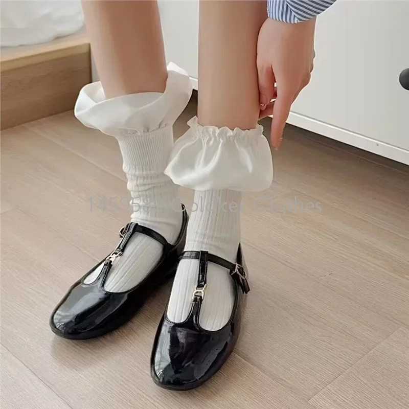 Handmade Three-dimensional Sweat Bubble Mouth Pleated Lotus Edge Calf Socks Black White Lolita Socks