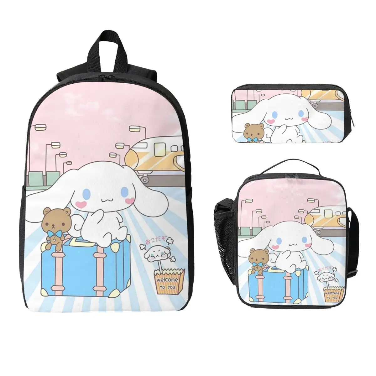 

Рюкзак Cinnamoroll Sanrio, студенческая сумка для книг для мальчиков и девочек, школьная сумка, сумки на плечо для ноутбука, 3 шт., изолированная сумка для обеда, пенал