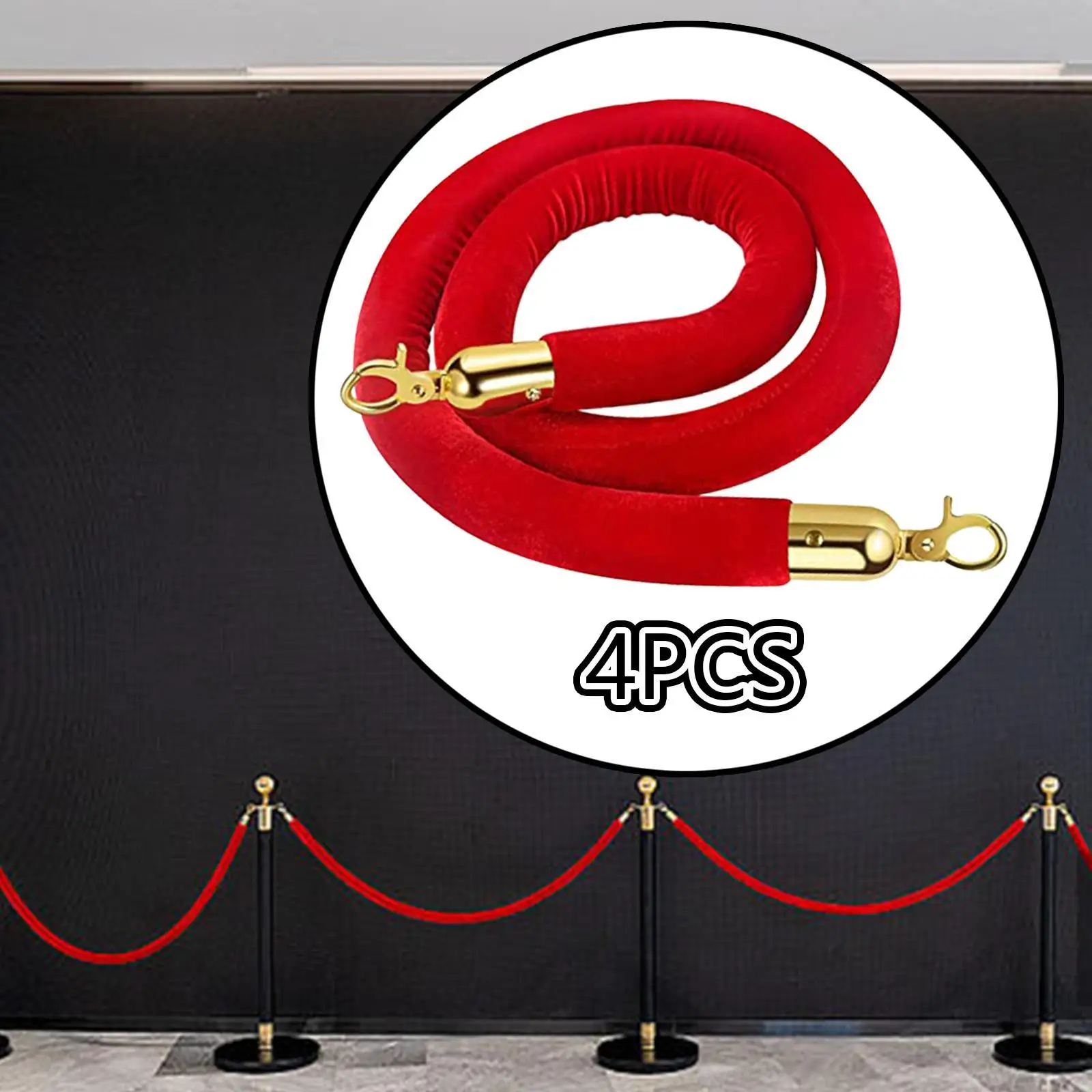 4x Velvet Stanchion Rope 150cm/59inch with Snap Hooks Accessory Post Ropes Crowd Control Security Barriers for Hotel Theater