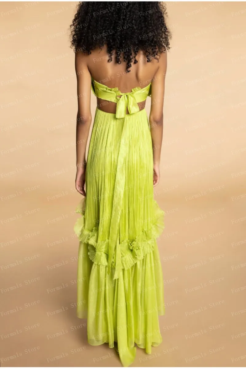 Vestido de noche de Organza verde brillante sin tirantes para mujer, ropa hasta el tobillo, pliegues con volantes, vestidos de graduación, espalda abierta, vestido de evento