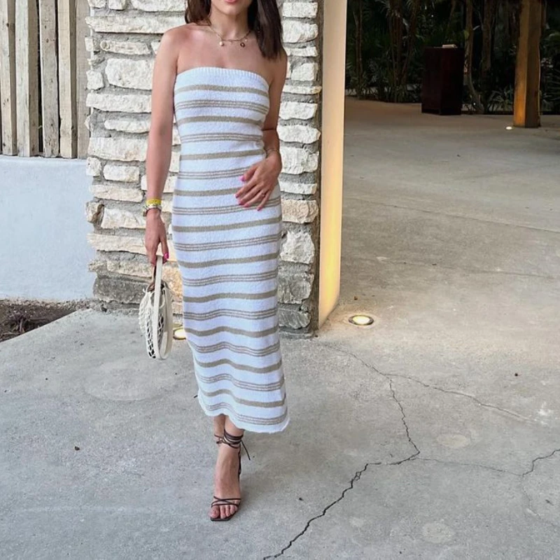 

Long Dress Women Strapless Dresses Bodycon Slim Fit Vestidos Streetwear Sleeveless Elegant Splice Y2k Beach Club Striped 2025