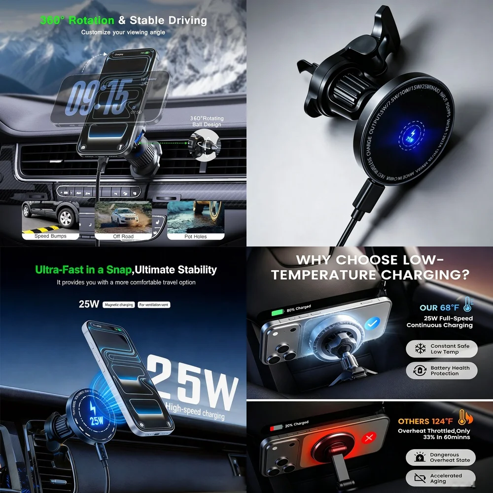 Magnetic Phone Charger Car Holder 25W Wireless Air Vent 360 Rotating Low Temp Fast Charge for iPhone 17 16 Samsung S26 S25 Ultra