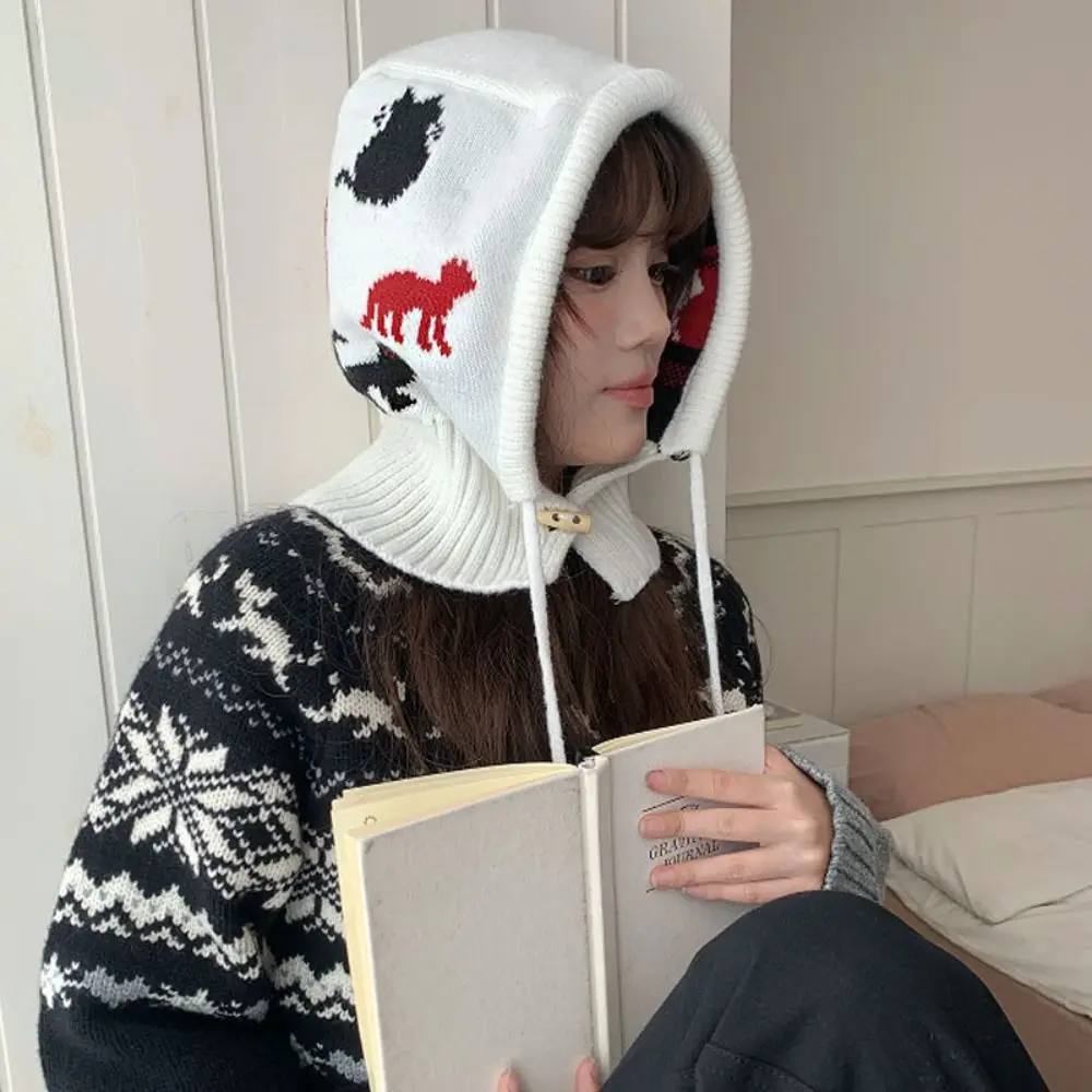 

Fashion Pullover Hat Jacquard Balaclava Hat Kitten Red Cat Pattern Knitted Hat Simple Horn Button Winter Cap Outdoor