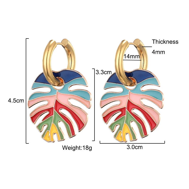 Gorący kolorowy liść wisiorek złoty kolor ze stalowe kolczyki nierdzewnej dla kobiet biżuteria Vintage oświadczenie emaliowane okrągła obręcz
