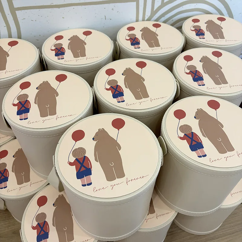 Birthday Holiday Souvenirs Hand-held Holding Bucket Solid Color Teddy Bear Pattern Hug Bucket Leather Shell with Rivets Fixed
