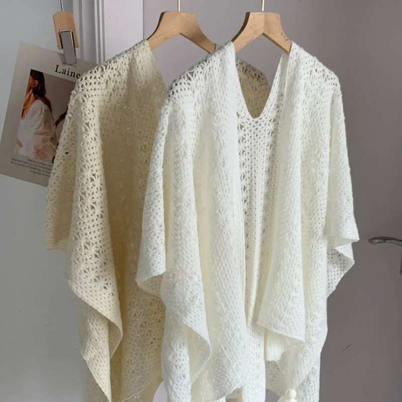 2025 Spring New Mori Girl Style Solid Color Versatile Knitted Shawl Female Simple Versatile Commuter Cape Cloak Coat Tide Top
