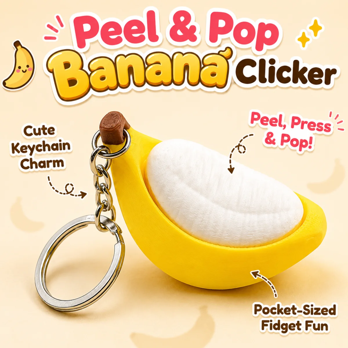 1pc Novelty Banana Shape Fidget Charm, Eco-Friendly PLA 3D Printed Fruit Style Pop Press Tactile Decompression Backpack Keychain