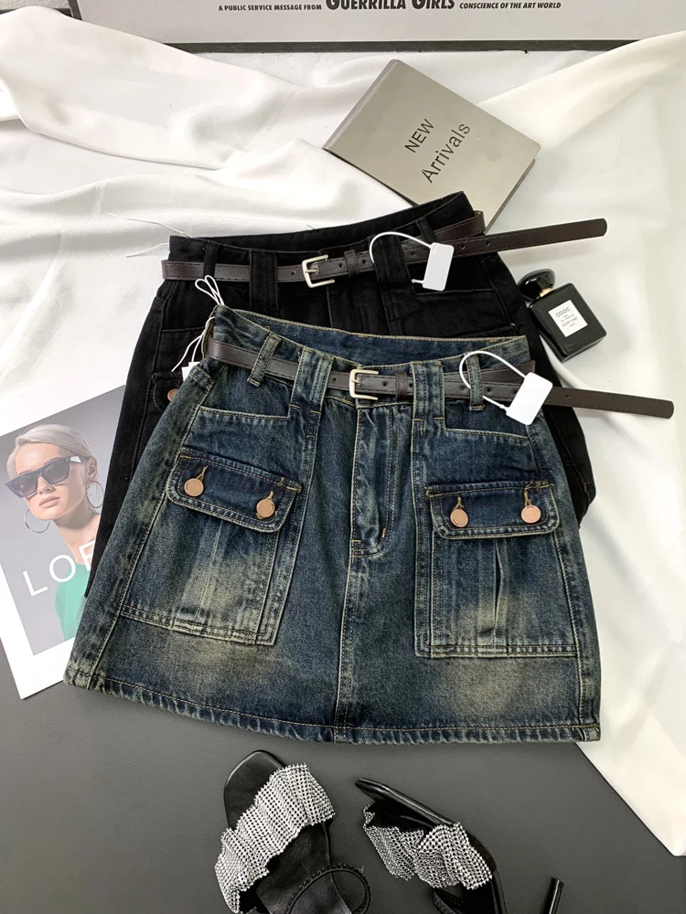 High Quality Retro Blue Mini Denim Skirts For Women High Waist Casual Cotton Jeans Skirt Zipper With Pockets Summer 2024 Fashion