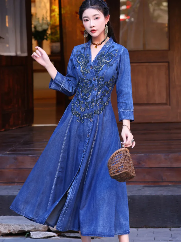 #2783 Spring Denim Shirt Dress Women V-neck Embroidery Vintage Asymmetrical A-line Midi Dress Ladies Cardigan Single Breasted