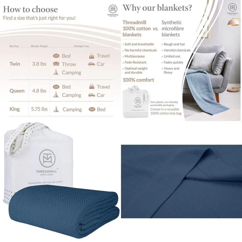 

Всесезонное термоодеяло из 100% хлопка, 350 г/м², 68x92 дюйма, узор «елочка», цвет Olkstone Blue