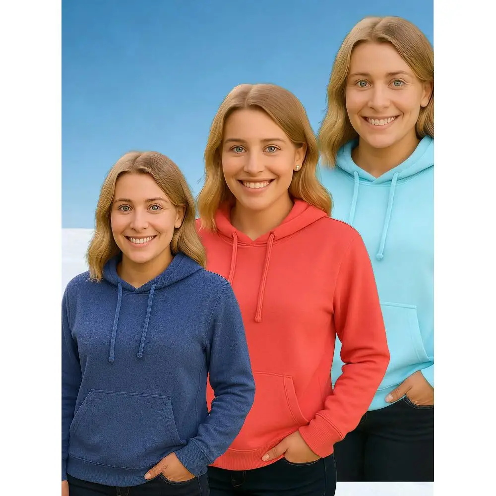 

Three piece women's hooded sweatshirt set, made of 80 cotton and 20 polyester, with a pocket and cap, adjustable drawstring,
