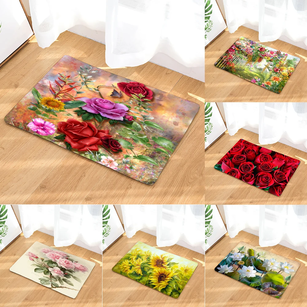 

Rose Flower Decorative Doormat 45*75cm Carpet Home Living Room Soft Rug Bathroom Kitchen Indoor Anti-Slip Absorbent Floor Mat