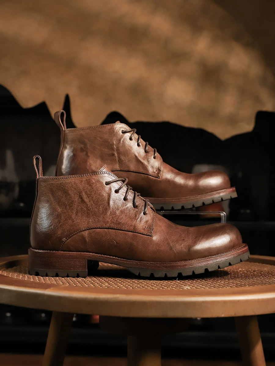 

Handmade Men Motorcycle Boots Genuine Leather Lace-up Ankle Retro Chelsea Boots Outdoor Hiking Work Shoes Luxury High Top Boots