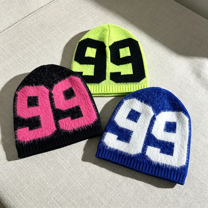 99 Digit Plush Knitted Hat Warm Plush Skull Hat Men's And Women's Hip-hop Streetwear Retro Casual Headwear Autumn New Collection