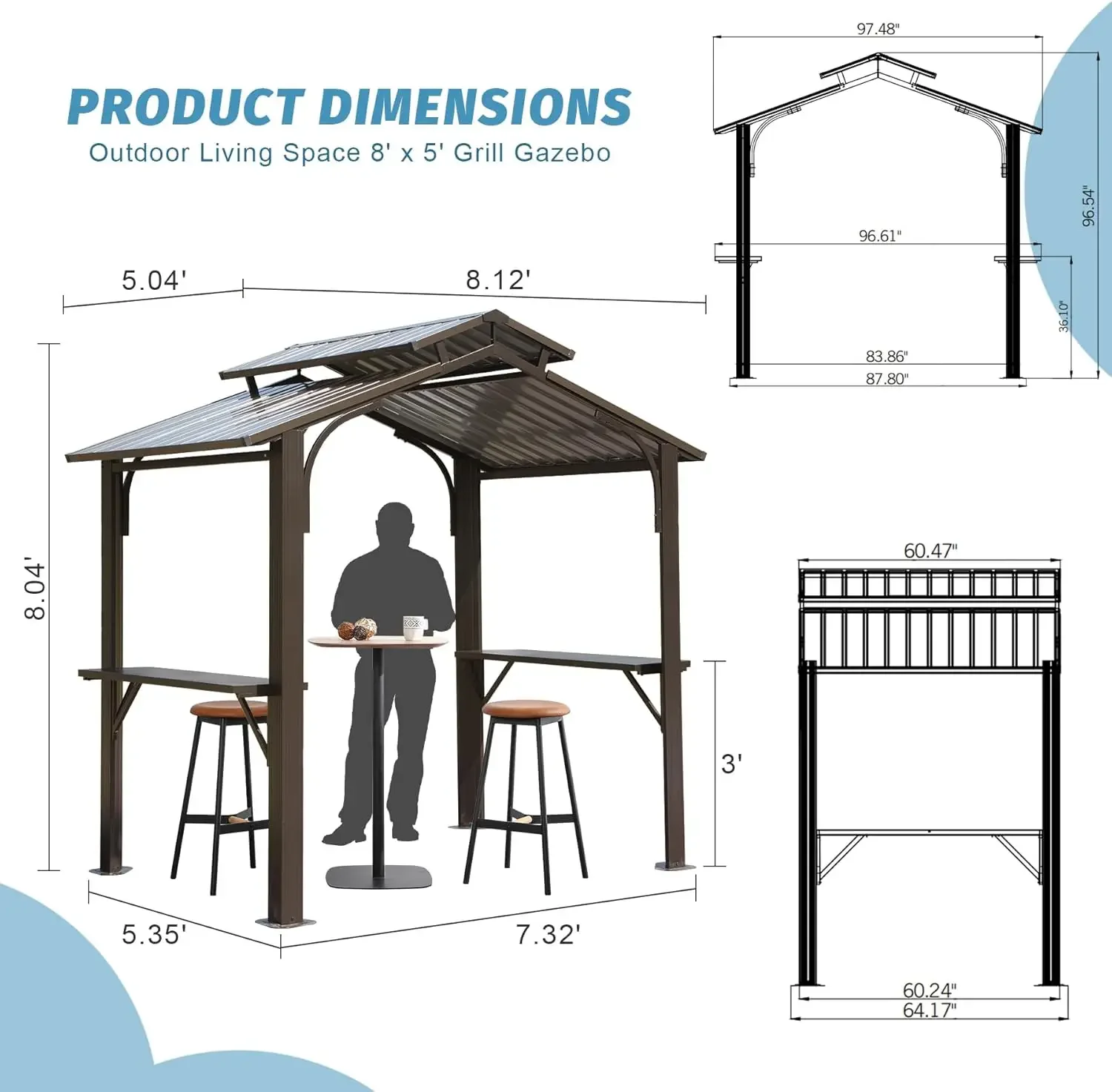 8x5FT,  2 Side Shelves and Ceiling Hooks, BBQ Gazebo Grill Tent for Patio Garden Backyard, Brown