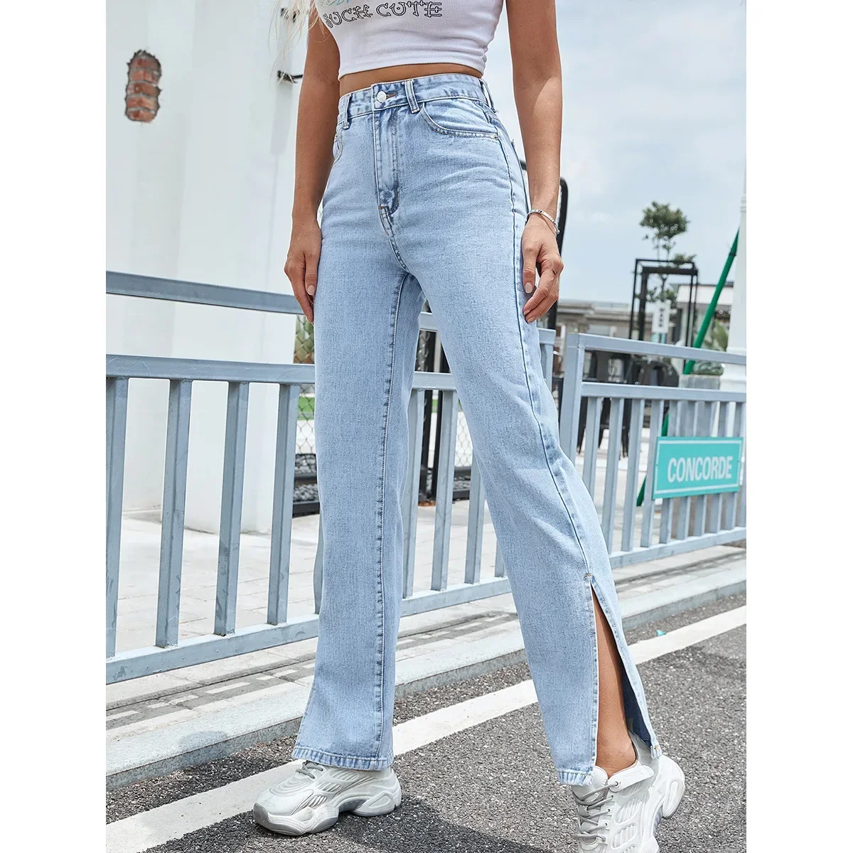 Bleached Ankle Length Wide Leg Pants Vintage Washed Denim Distressed Solid Pockets Basics High Waist Spliced Loose