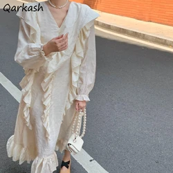 French Style Dresses Women Elegant Ladies Clothing Ruffles Spring Solid Mid-calf Loose Simple Fashion V-neck Long Sleeve Chic