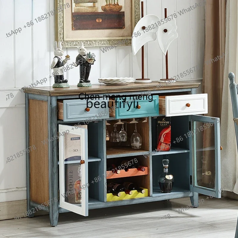 M182 Mediterranean Sideboard Cabinet Solid Wood American Idyllic Living Room Wine Cabinet Glass Door Entrance Cupboard Tea C