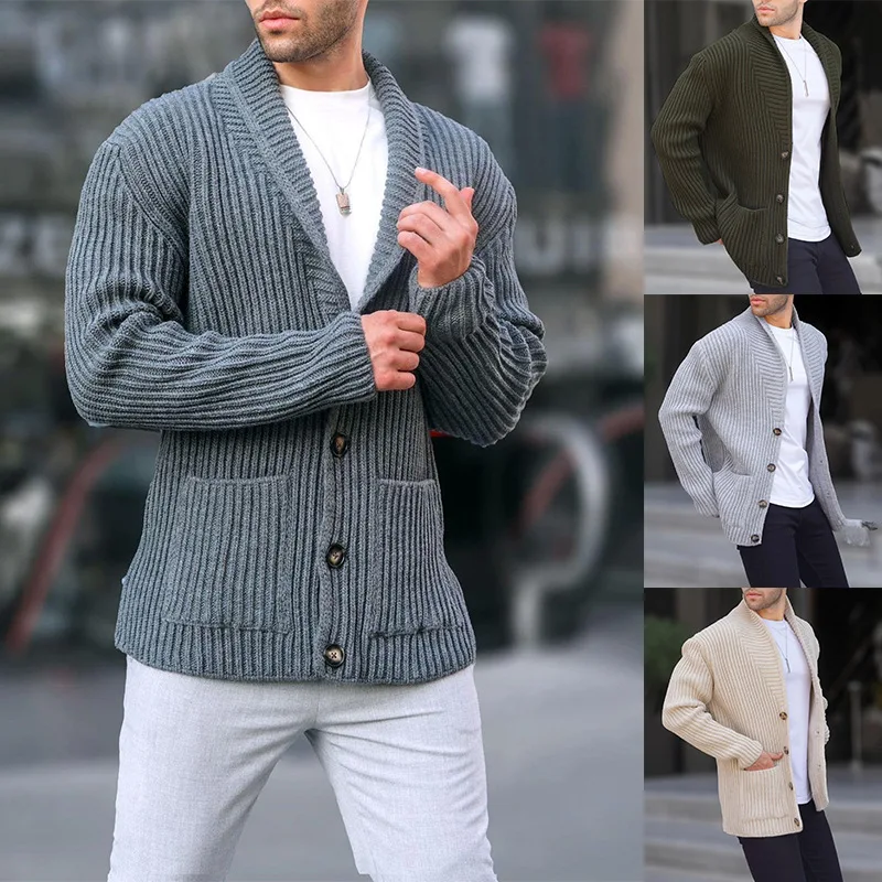 Buttoned Knitted sweater coat for Men, V-Neck Coats, Long Sleeve, Vintage Clothing, Slim and Thick, Warm Outwear, Winter Fall