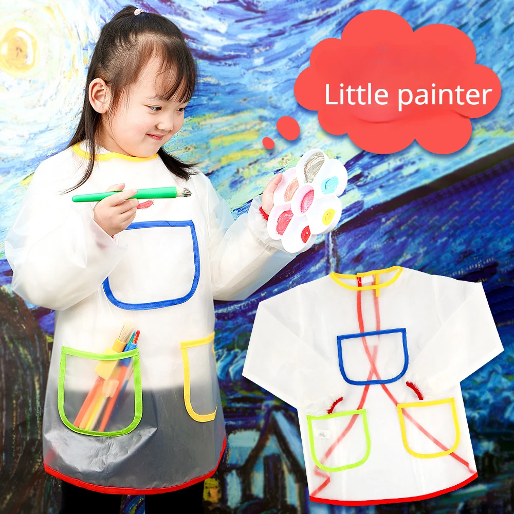 Children\'s art painting apron transparent long sleeved bib graffiti anti fouling and waterproof painting apron