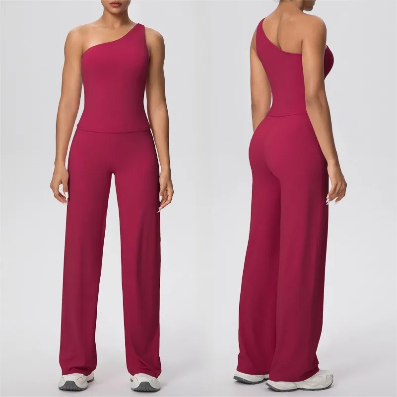 

Women's Yoga Set New Cloud Feel Slim Peach Hip Yoga Outfit One-Shoulder Sports Backless Set Casual Running Fitness Wear